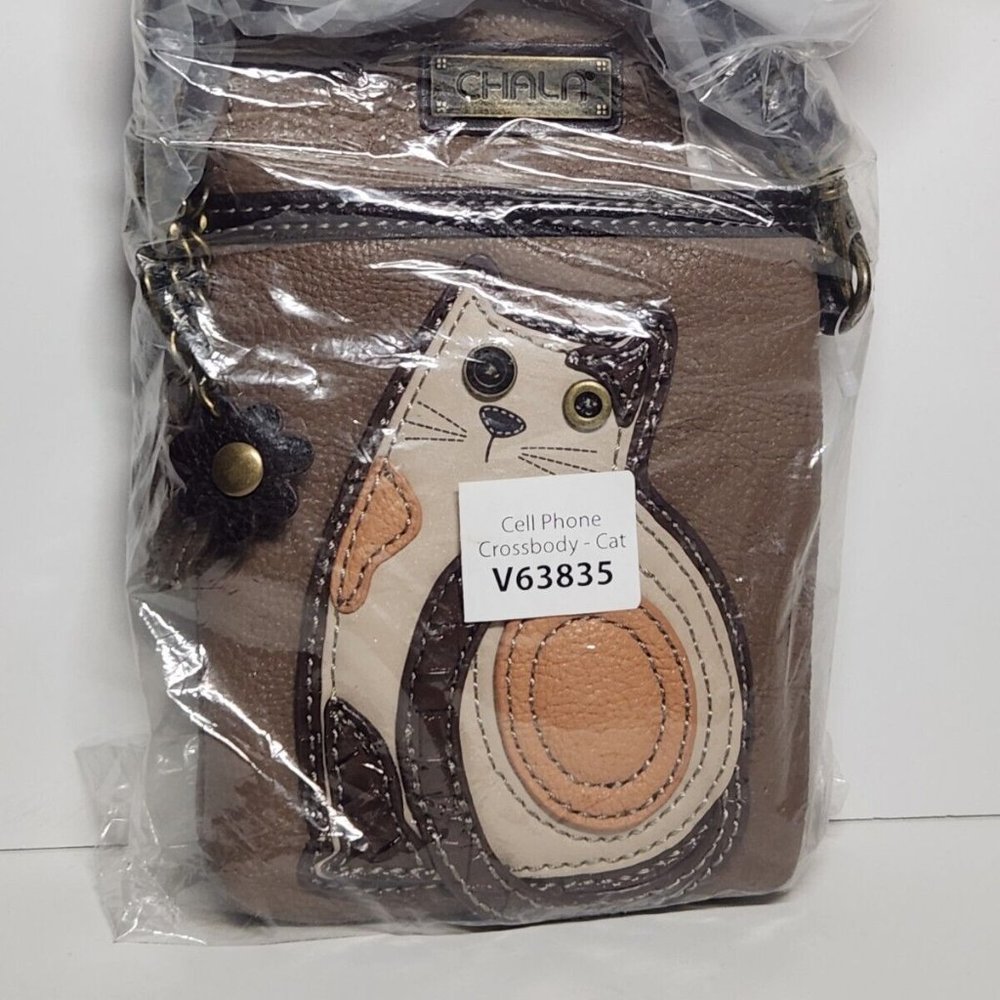 CHALA BROWN & TAN LAZY CALICO CAT CELL PHONE CROSSBODY BAG